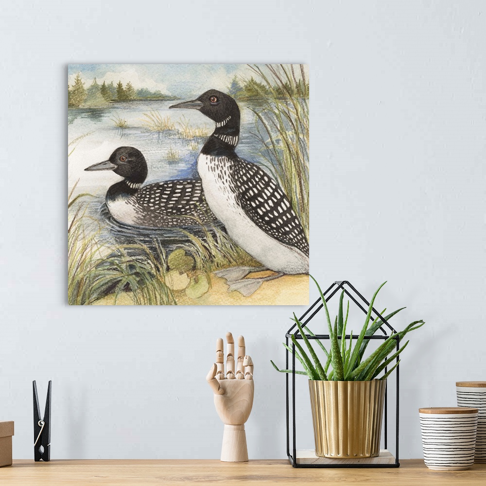 A bohemian room featuring Lovely painterly treatment of loons at the Lake