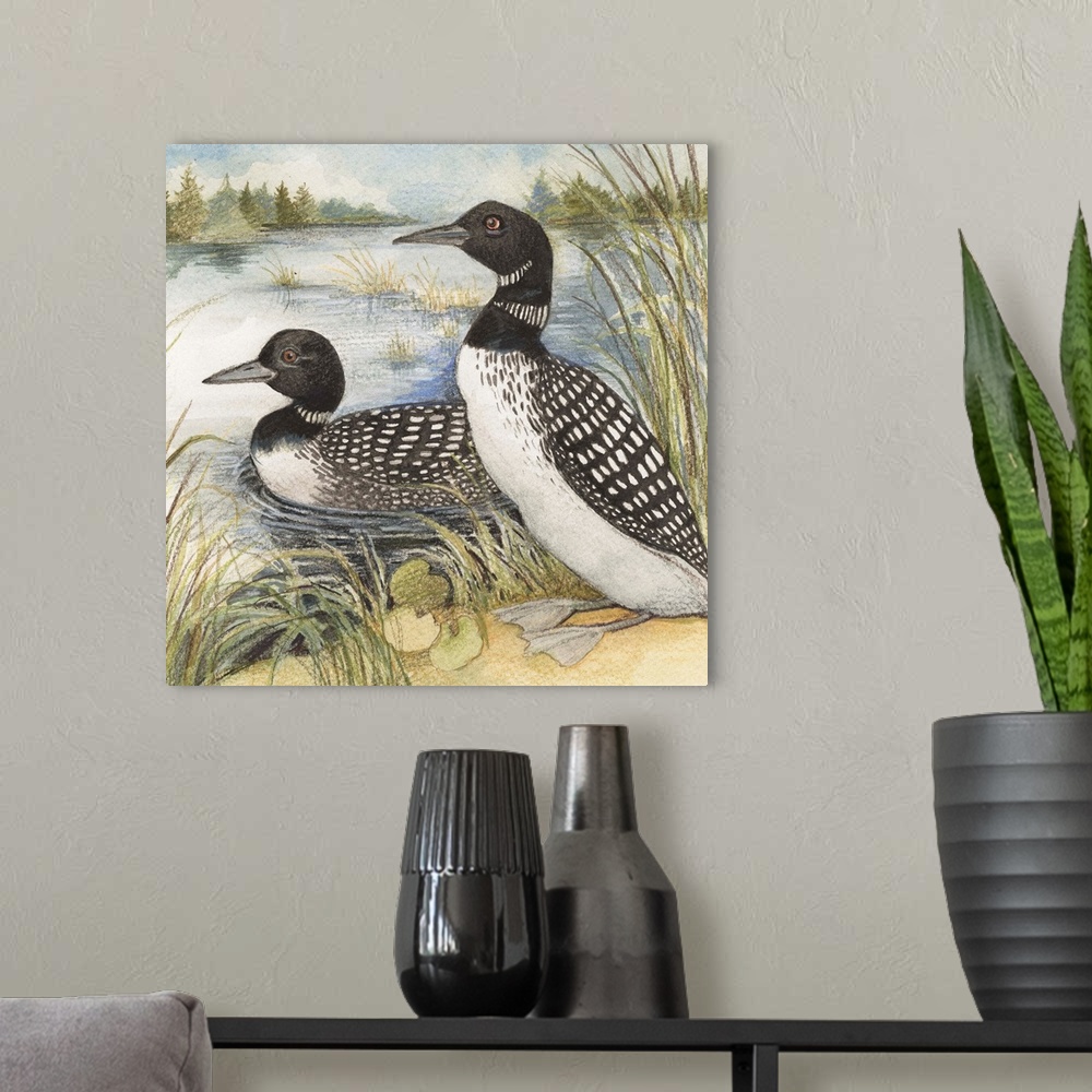 A modern room featuring Lovely painterly treatment of loons at the Lake