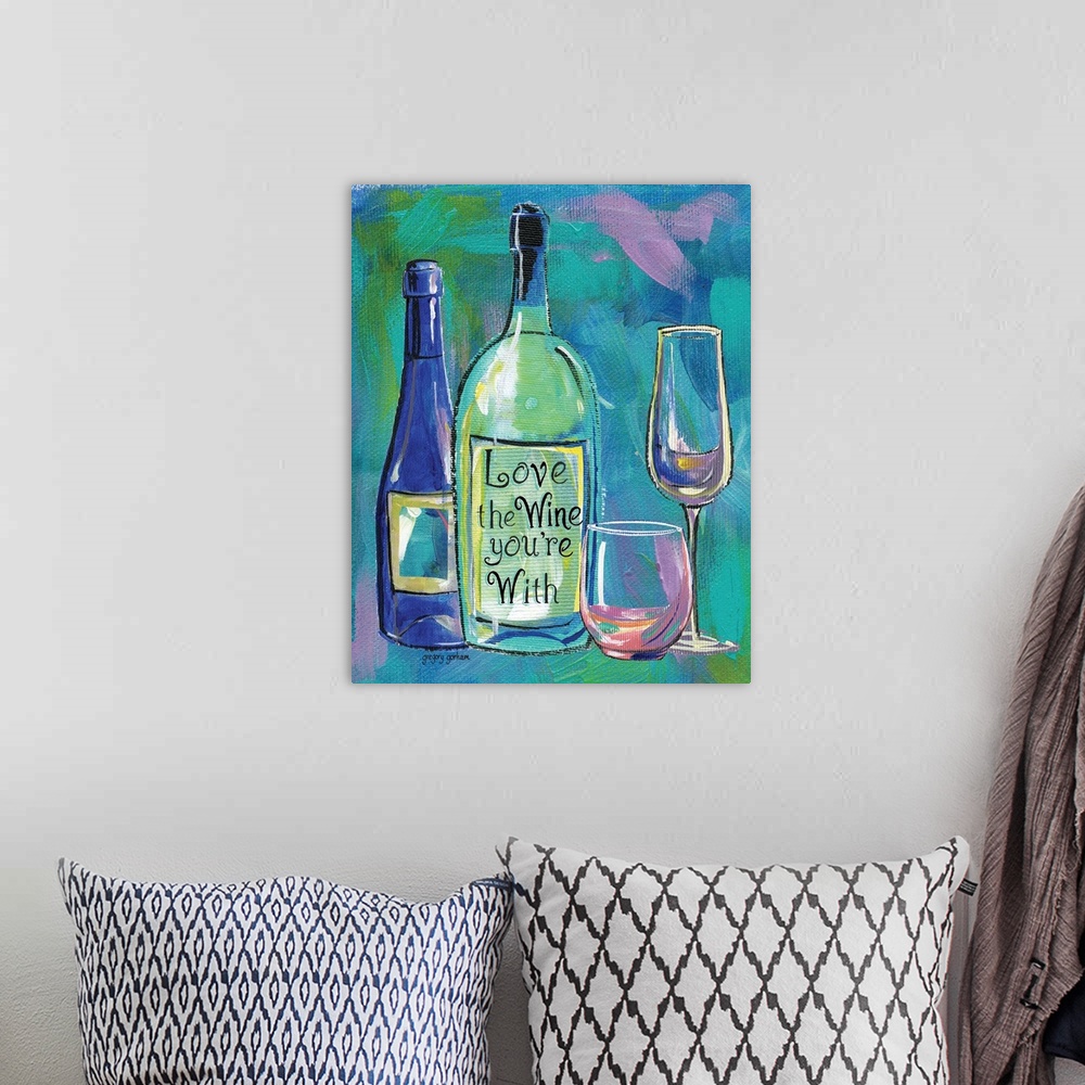 A bohemian room featuring Whimsical, sassy wine scene injects humor into a decor treatment.