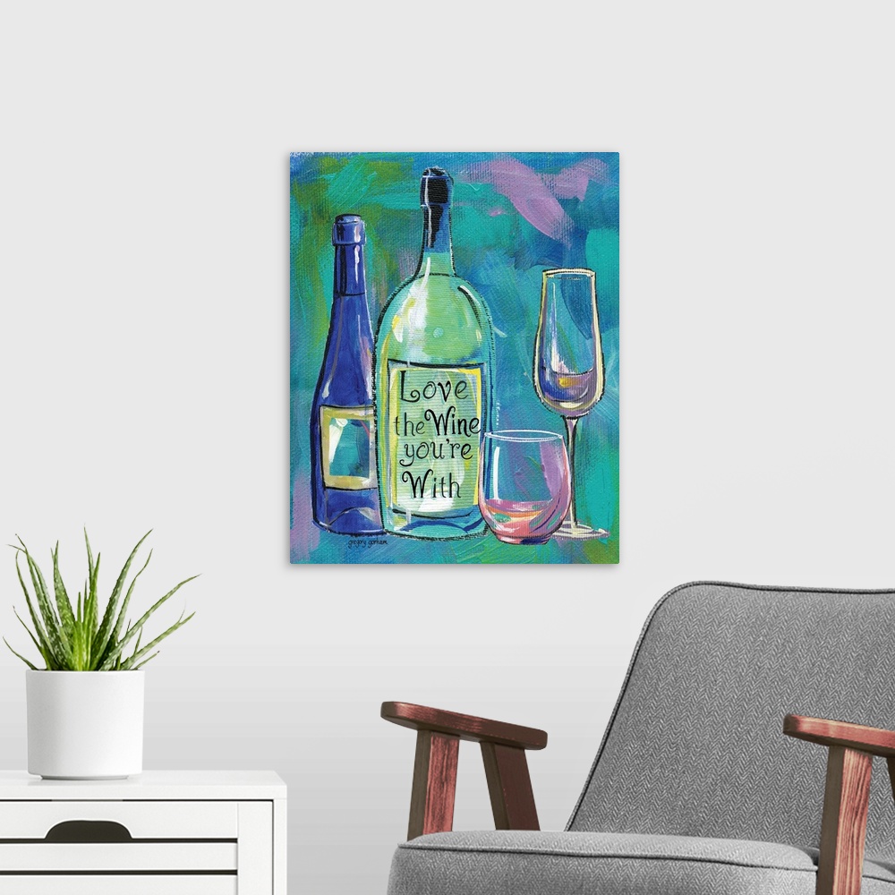 A modern room featuring Whimsical, sassy wine scene injects humor into a decor treatment.