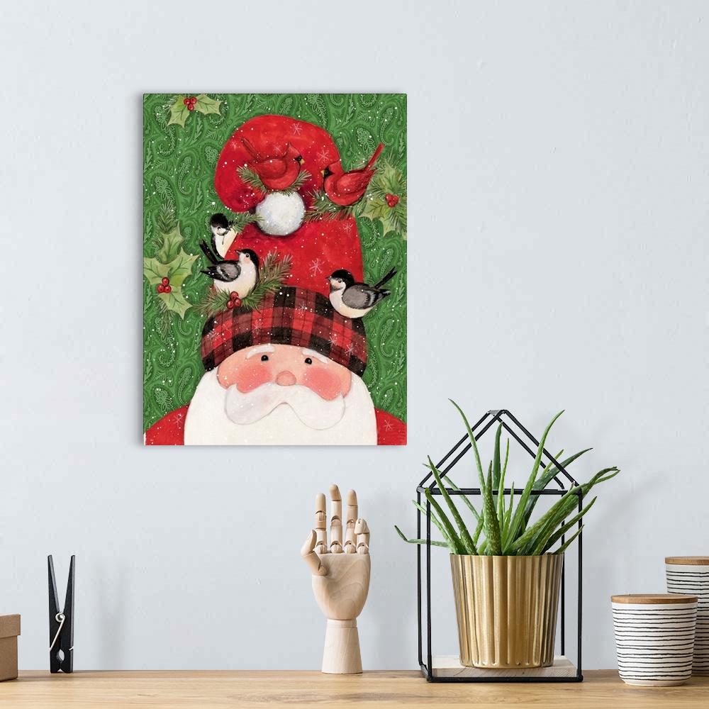 A bohemian room featuring Whimsical lumberjack Santa adorned in buffalo plaid!
