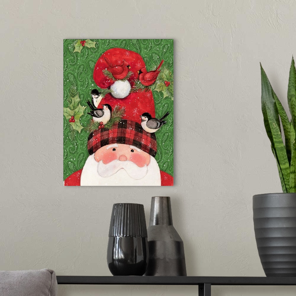 A modern room featuring Whimsical lumberjack Santa adorned in buffalo plaid!