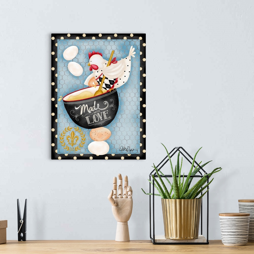 A bohemian room featuring Whimsical hen with Made with Love message charming kitchen art.