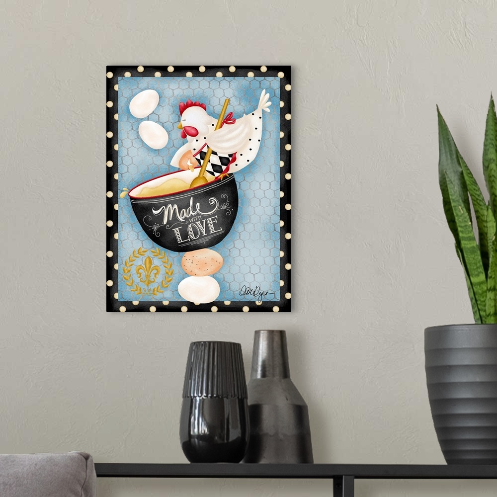 A modern room featuring Whimsical hen with Made with Love message charming kitchen art.