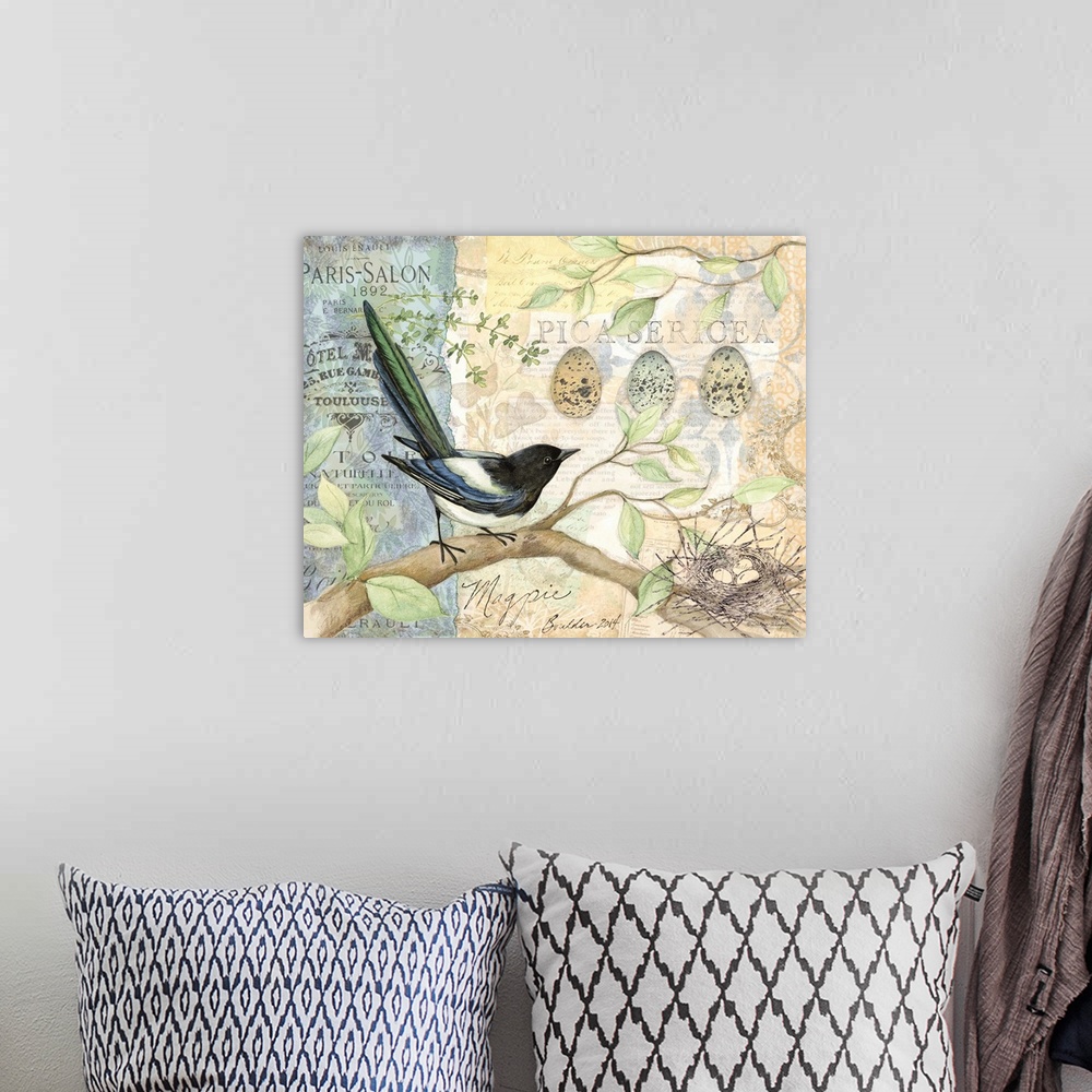 A bohemian room featuring Lovely bird art subtly infuses nature into the home.