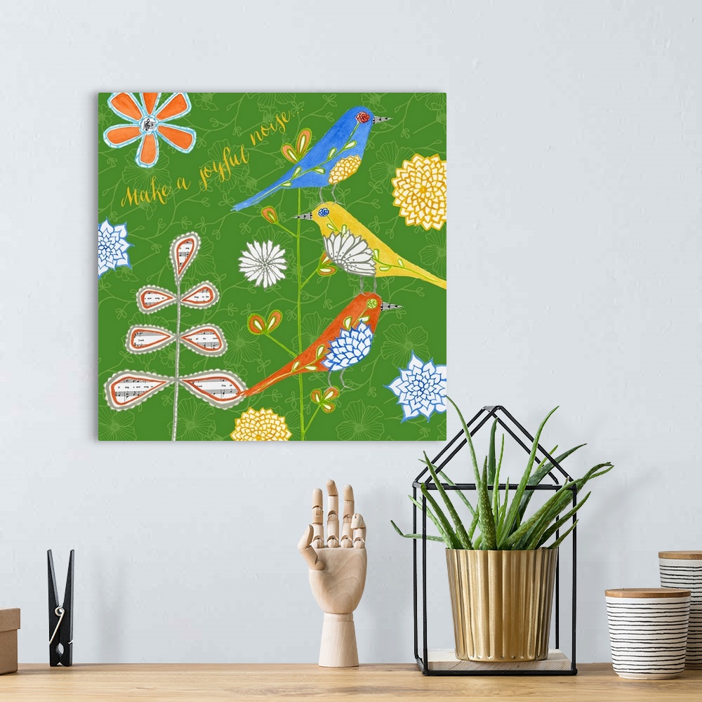 A bohemian room featuring Bright nature-themed art with meaningful sentiments