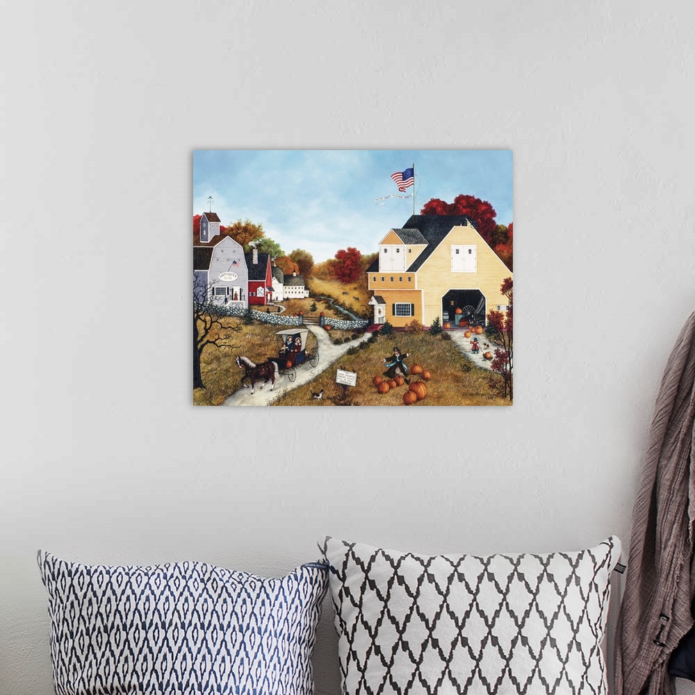 A bohemian room featuring A contemporary painting of a countryside village scene in autumn.