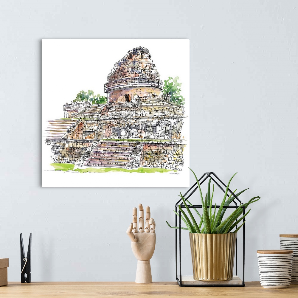 A bohemian room featuring A lovely pen and ink depiction of ancient Mayan ruins