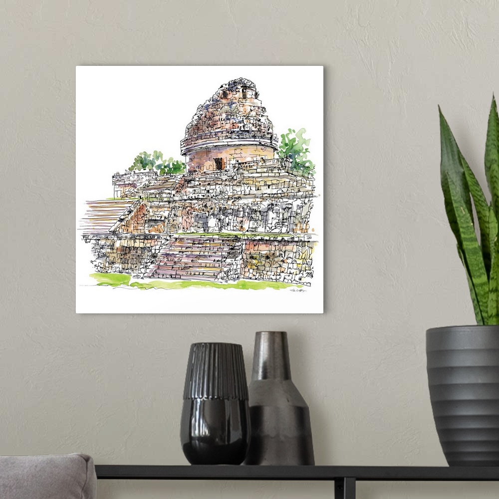 A modern room featuring A lovely pen and ink depiction of ancient Mayan ruins