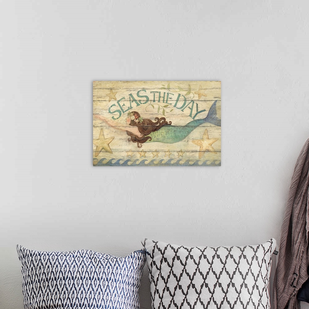 A bohemian room featuring A vintage sign with mermaid art is a throwback to another time.