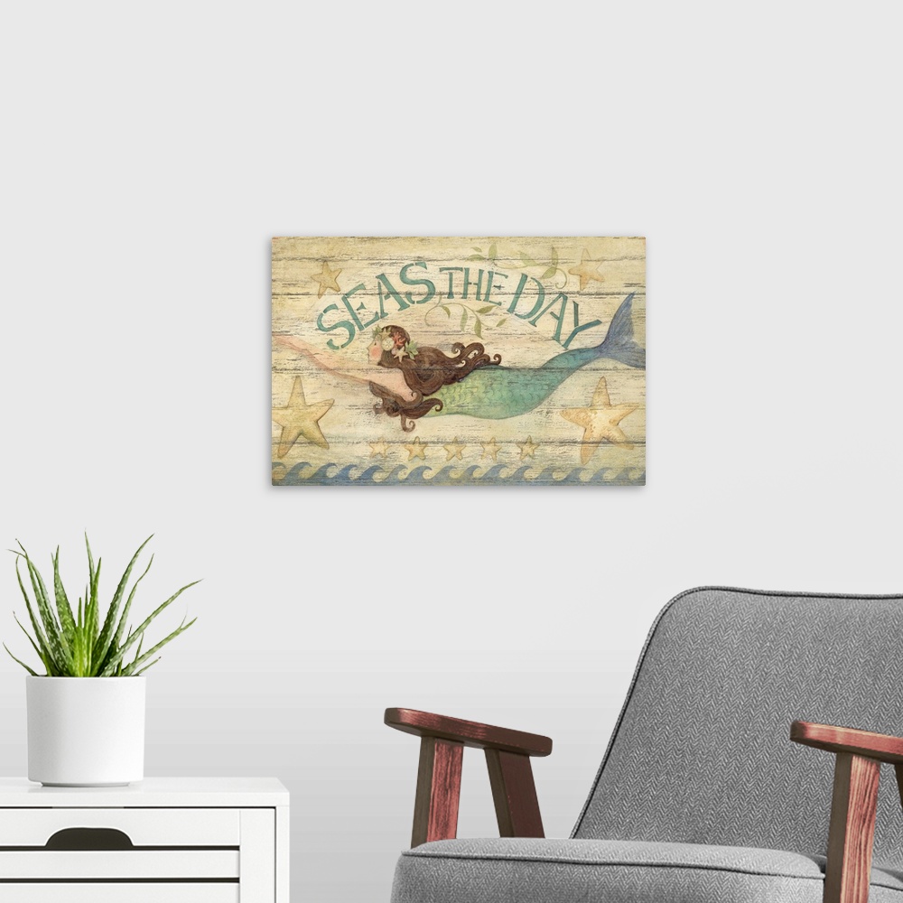 A modern room featuring A vintage sign with mermaid art is a throwback to another time.