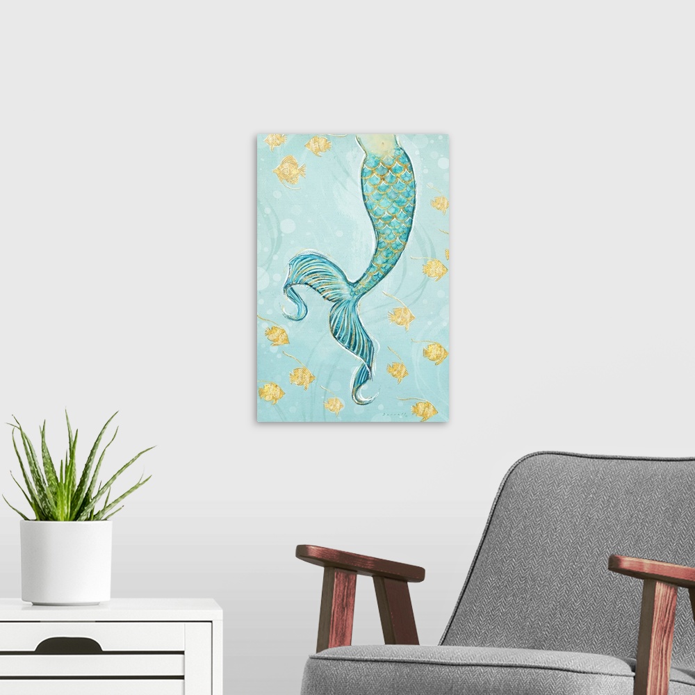 A modern room featuring The mermaid maintains her mystery in this lovey image!