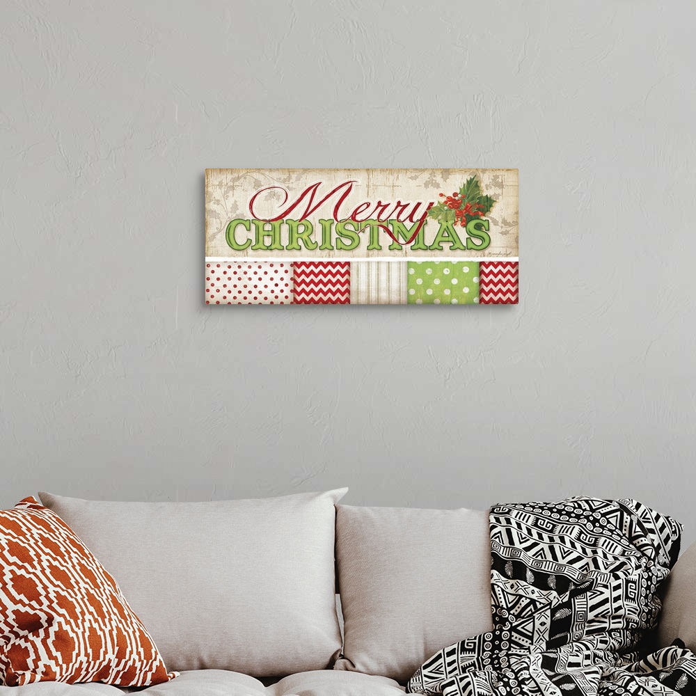 A bohemian room featuring Colorful holiday sentiments against a patterned background.