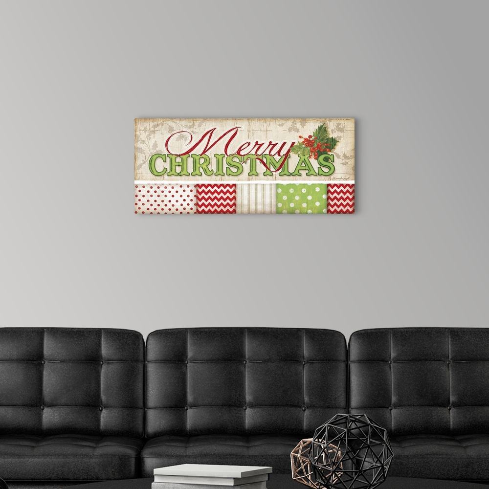 A modern room featuring Colorful holiday sentiments against a patterned background.