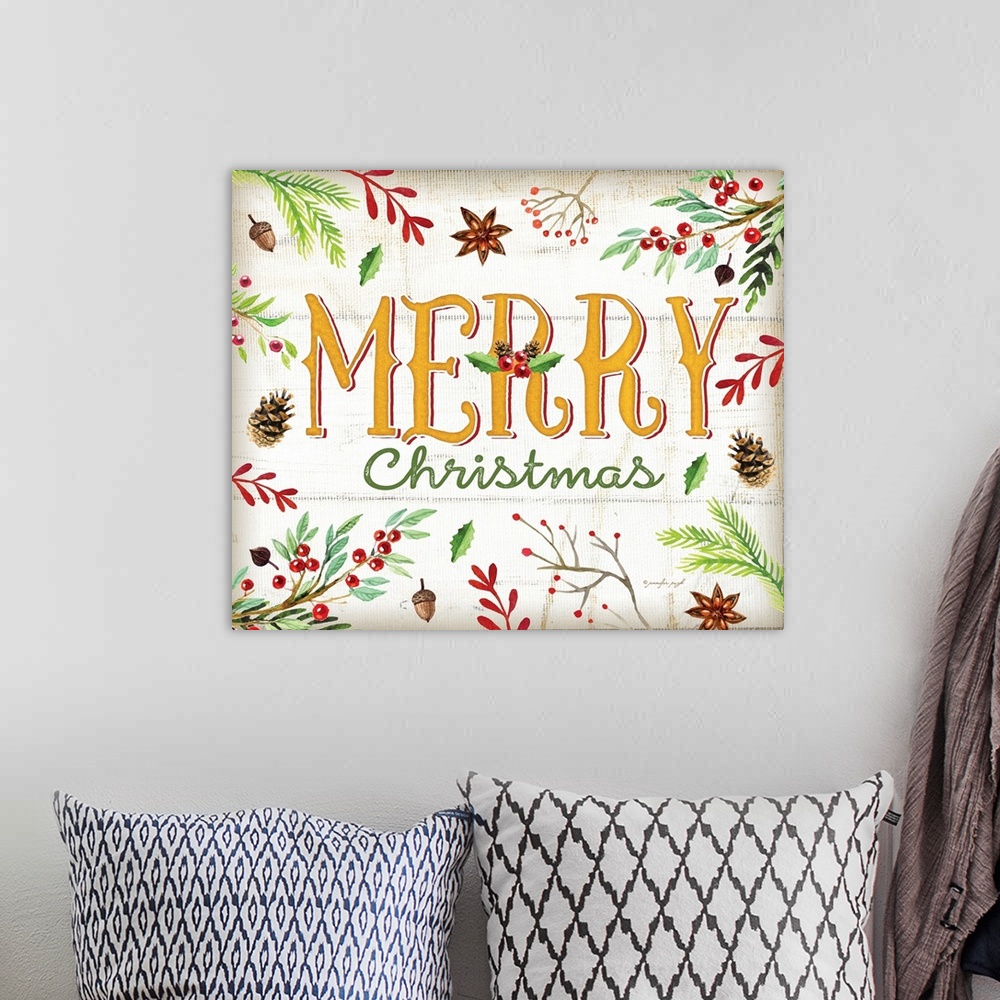 A bohemian room featuring Festive handlettered sign reading "Merry Christmas", decorated with holly, pine branches, acorns,...