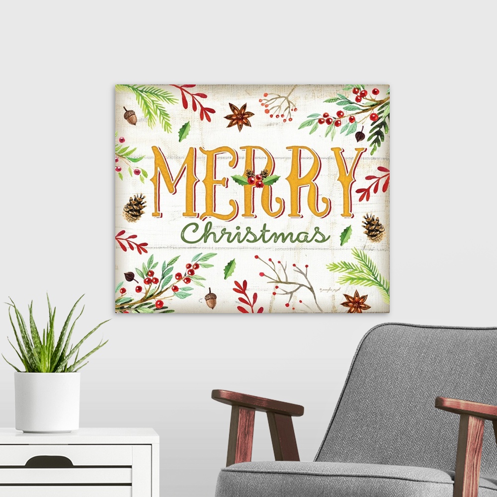 A modern room featuring Festive handlettered sign reading "Merry Christmas", decorated with holly, pine branches, acorns,...