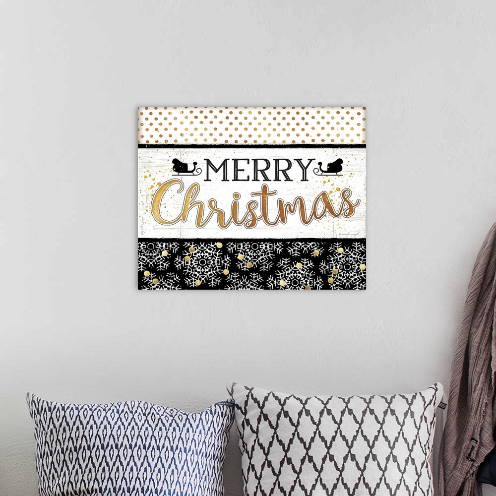 A bohemian room featuring A digital illustration of "Merry Christmas" on a decorative black, gold and white background.