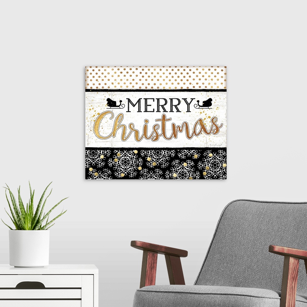 A modern room featuring A digital illustration of "Merry Christmas" on a decorative black, gold and white background.