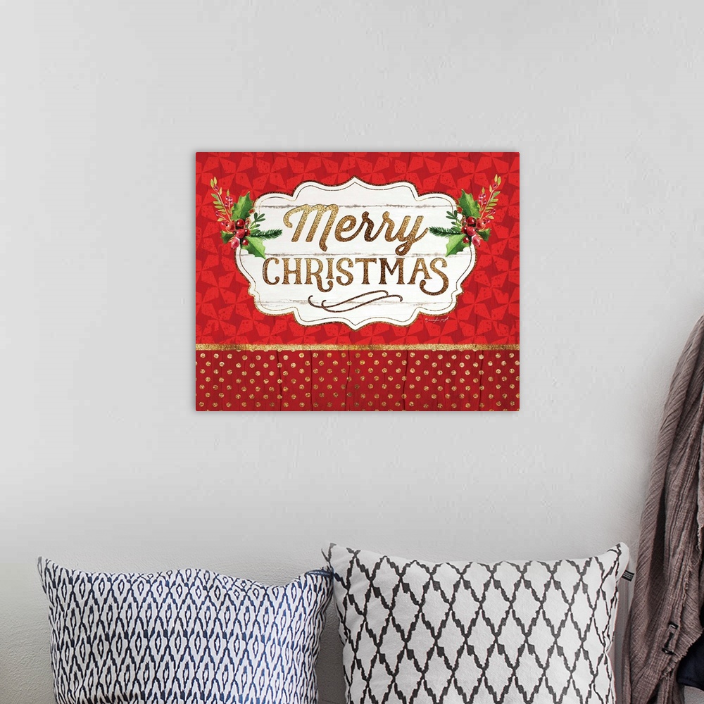 A bohemian room featuring "Holiday Cheer" in gold glitter text is placed on a distressed white sign that is over a patterne...