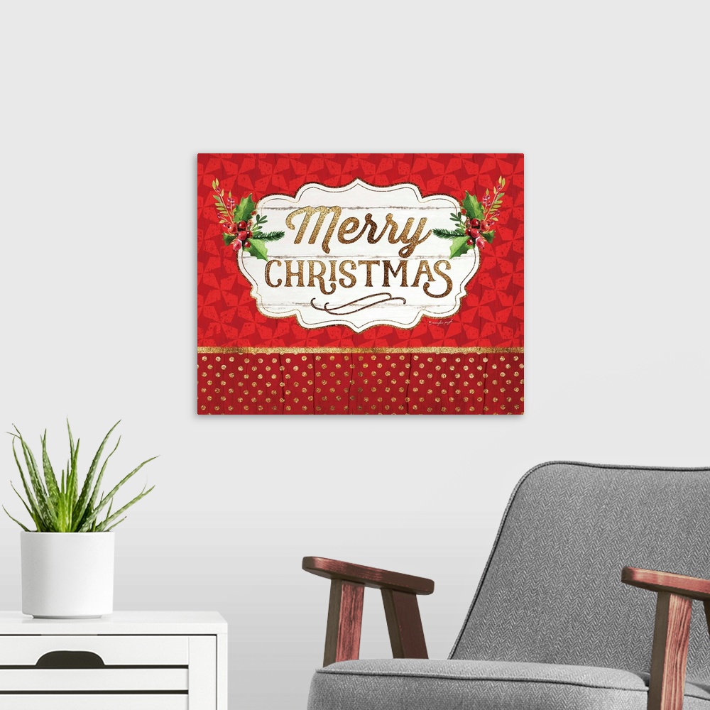 A modern room featuring "Holiday Cheer" in gold glitter text is placed on a distressed white sign that is over a patterne...