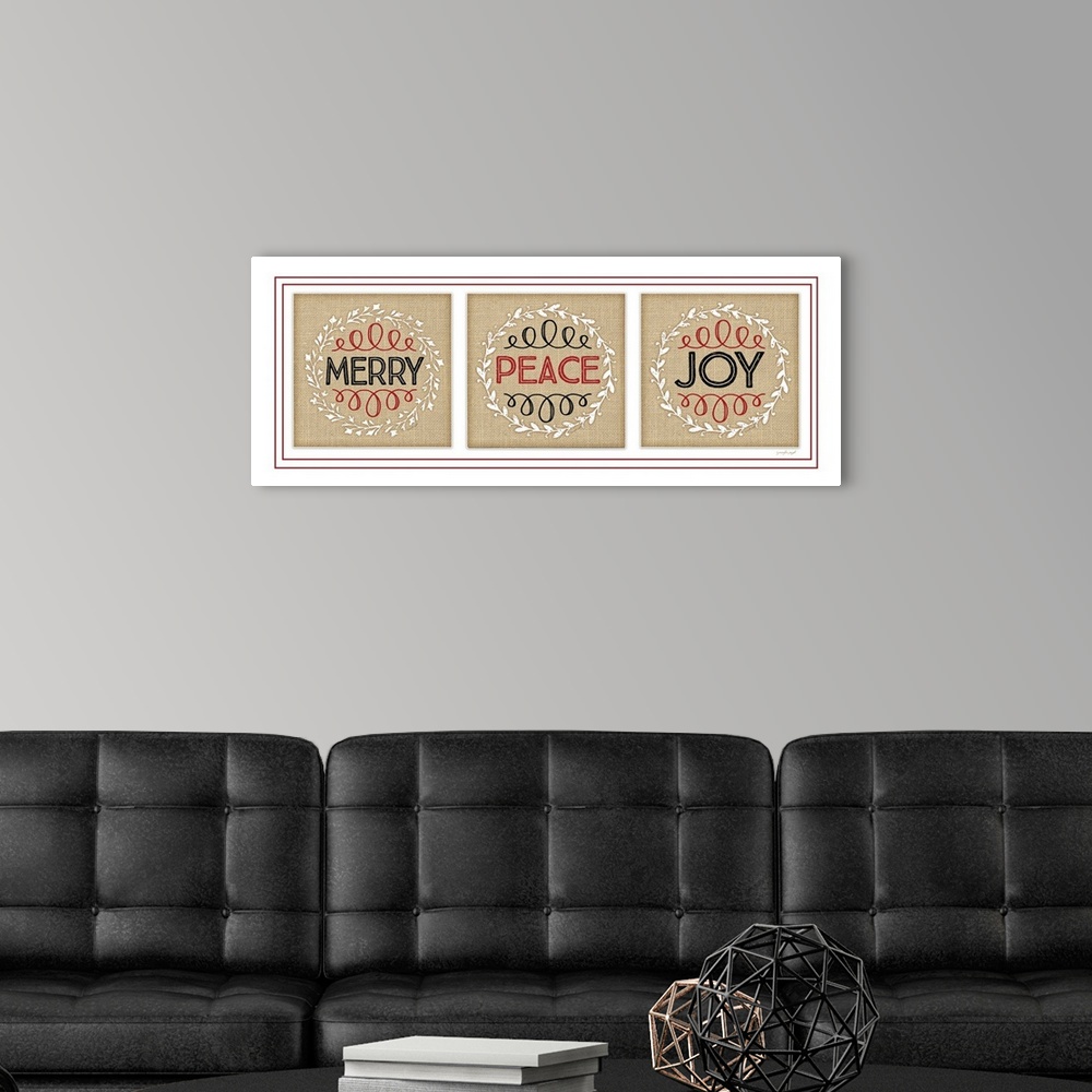 A modern room featuring Merry Peace Joy