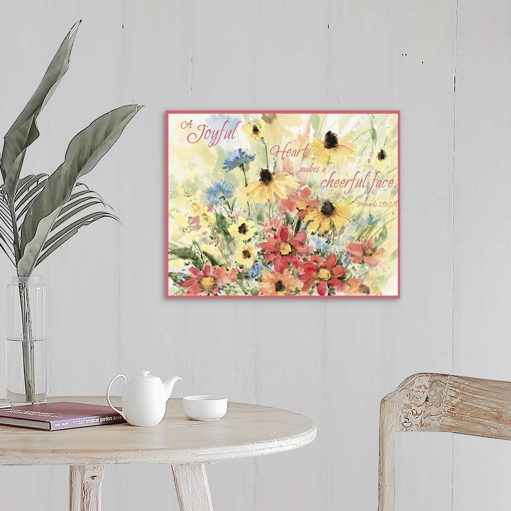 A farmhouse room featuring Lovely floral art with inspirational message from scripture.