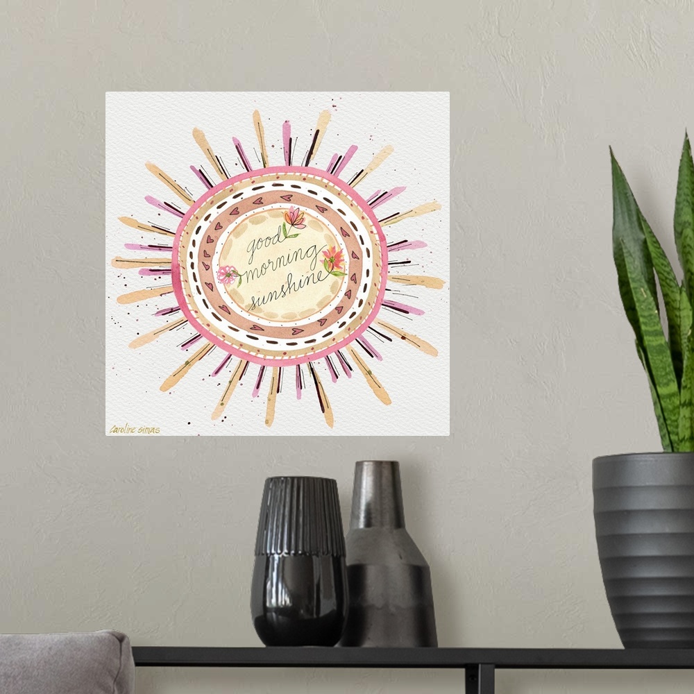 A modern room featuring Sweetly rendered sun art that adds a gentle, lovely, and inspirational accent to your decor.