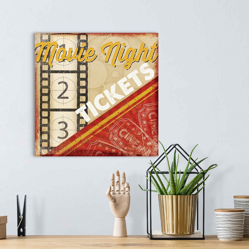 A bohemian room featuring A digital illustration of "Movie Night Tickets" with a vintage appearance.