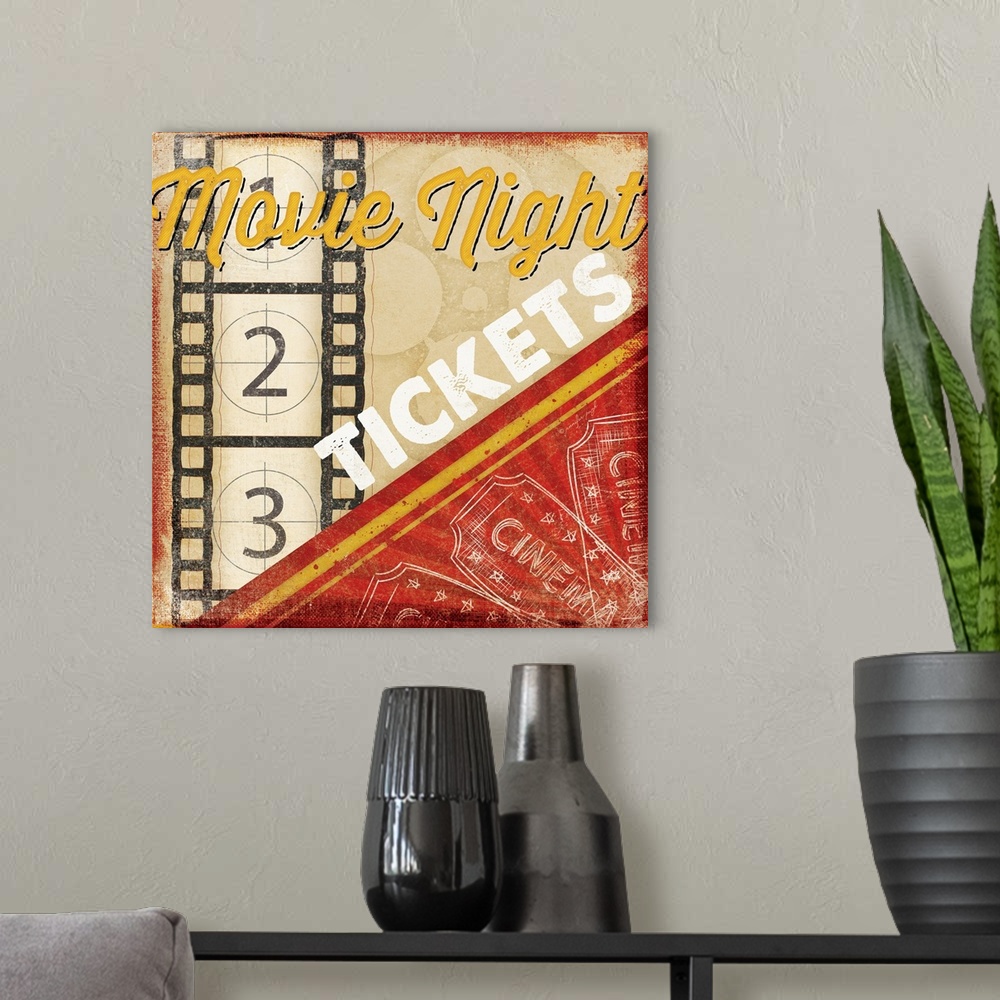 A modern room featuring A digital illustration of "Movie Night Tickets" with a vintage appearance.