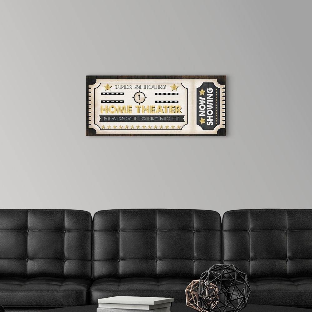 A modern room featuring A digital illustration of a movie ticket.