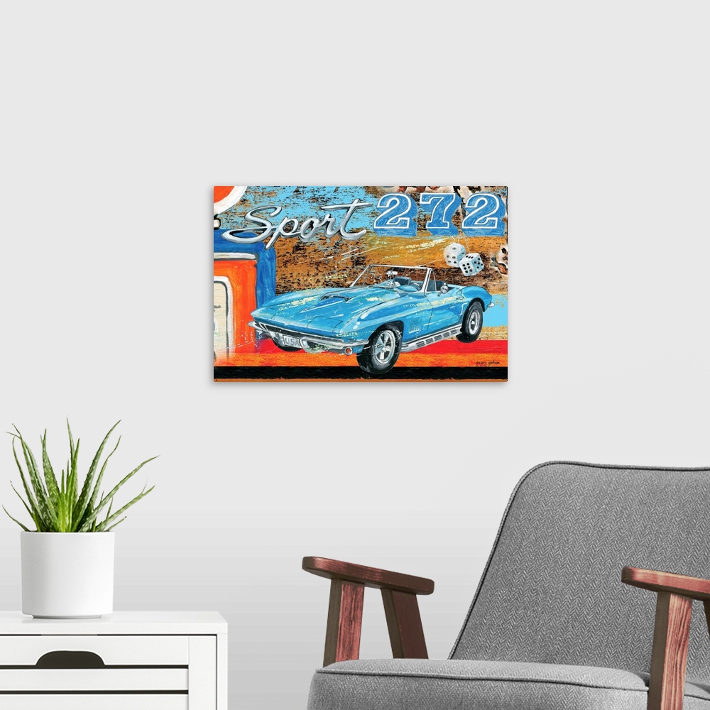 A modern room featuring Celebrating muscle cars of the past in all their glory.