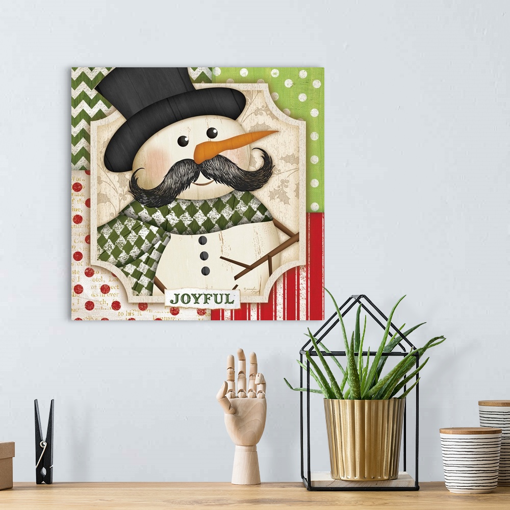 A bohemian room featuring Painting of a snowman with a mustache with a holiday border.