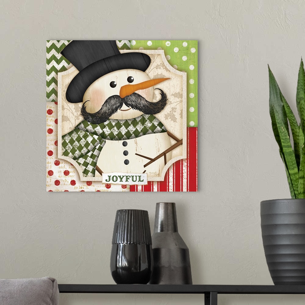 A modern room featuring Painting of a snowman with a mustache with a holiday border.