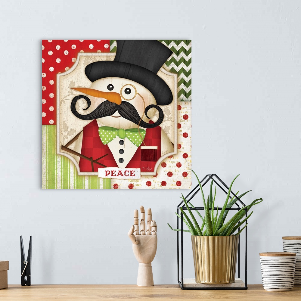 A bohemian room featuring Holiday art of a snowman with a mustache and a patterned border.