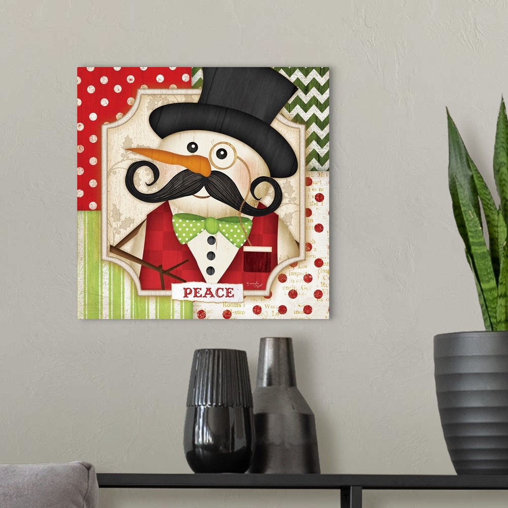 A modern room featuring Holiday art of a snowman with a mustache and a patterned border.