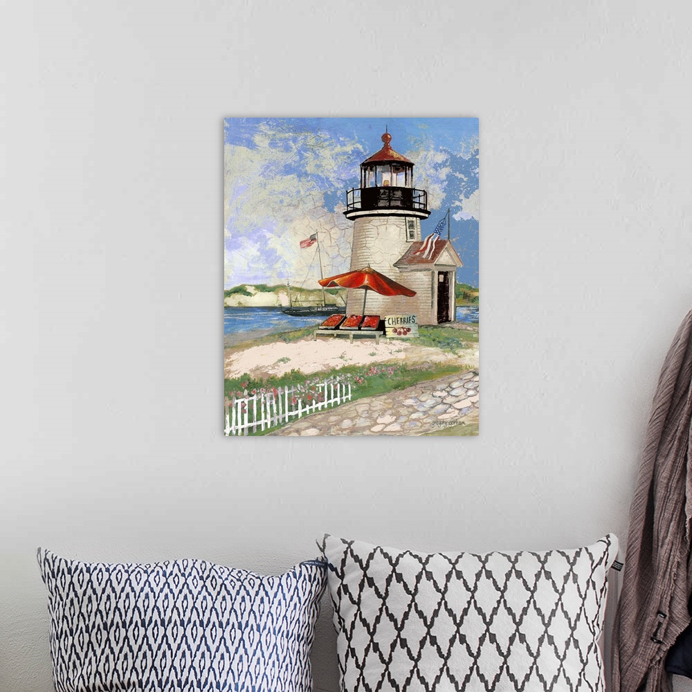 A bohemian room featuring Watercolor painting of a tall lighthouse on the coast near a stone path.