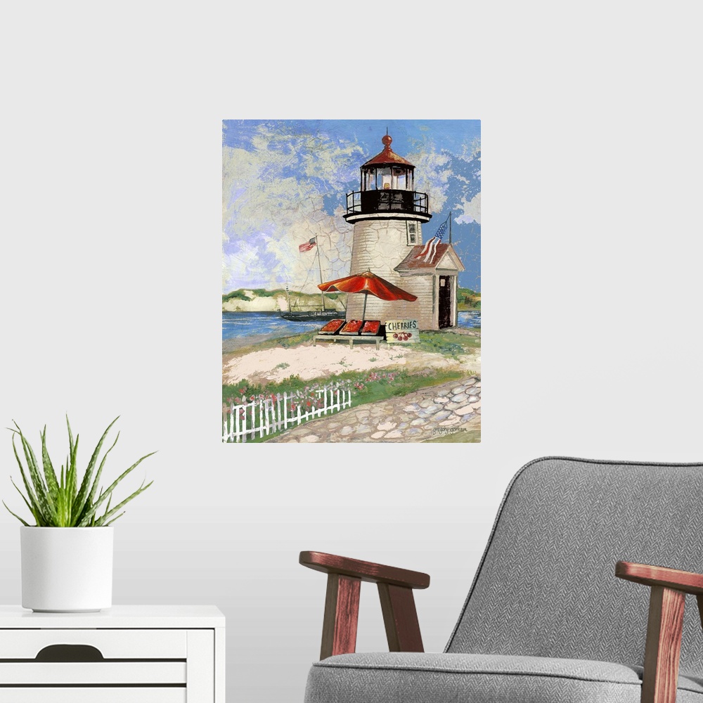 A modern room featuring Watercolor painting of a tall lighthouse on the coast near a stone path.