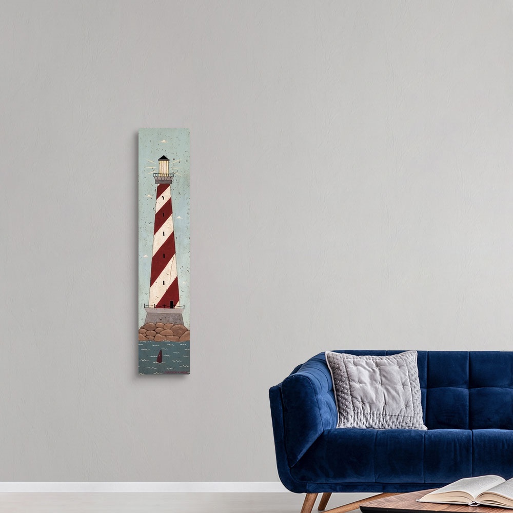 A modern room featuring Nautical lighthouse panel by renowned folk artist Warren Kimble
