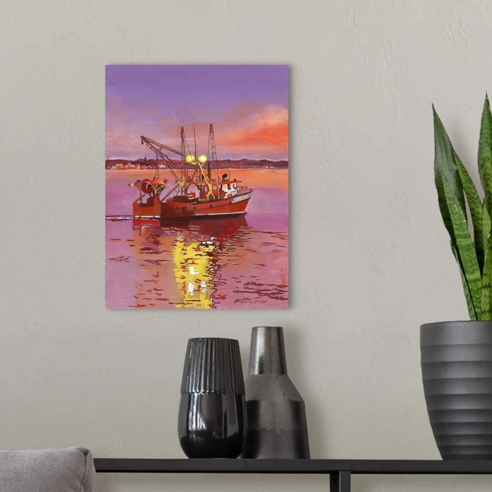 A modern room featuring The water's stillness reflects the luminscent sky in this tranquil boat scene.