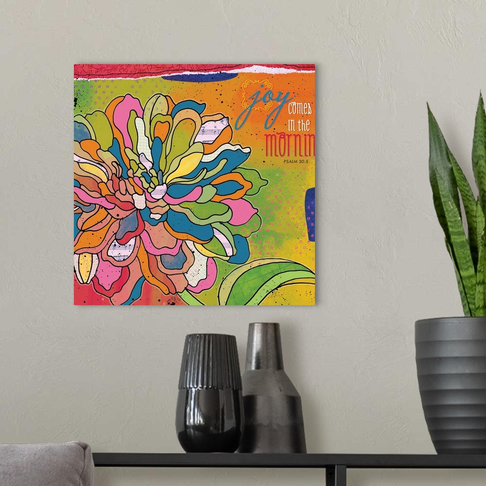 A modern room featuring Bright, bold floral art makes an impact on the wall