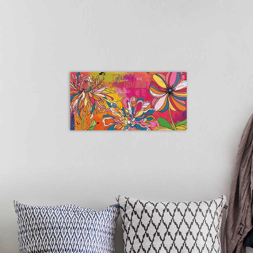 A bohemian room featuring Bright, bold floral art makes an impact on the wall