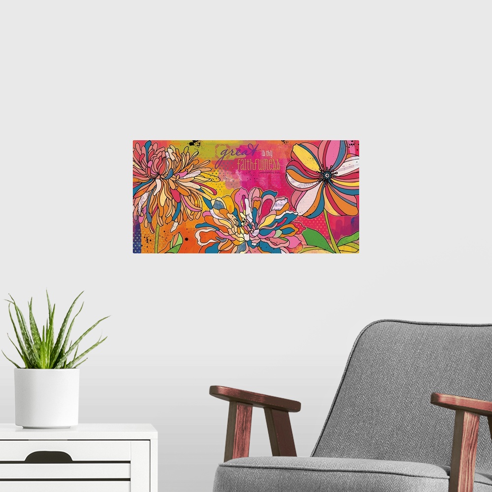 A modern room featuring Bright, bold floral art makes an impact on the wall