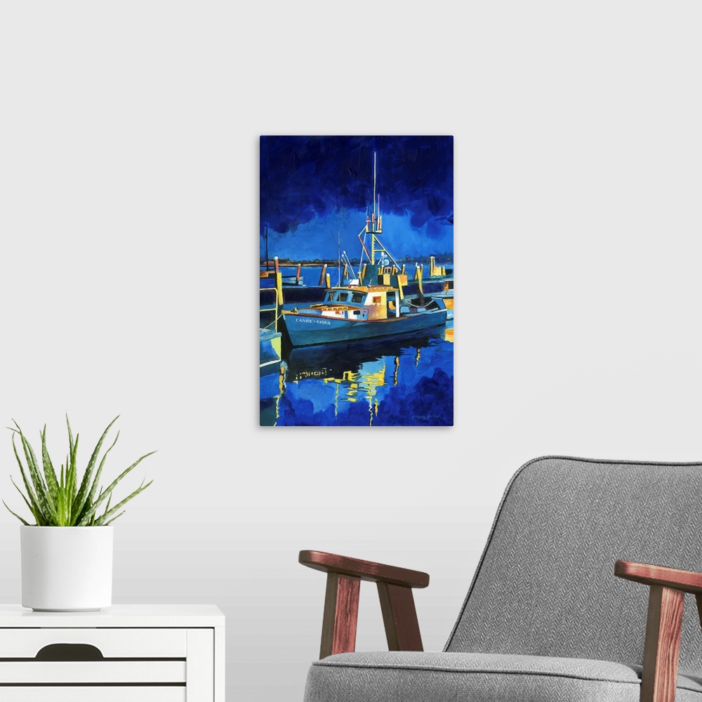 A modern room featuring A moody artistic boat scene captures the mystery of the sea.