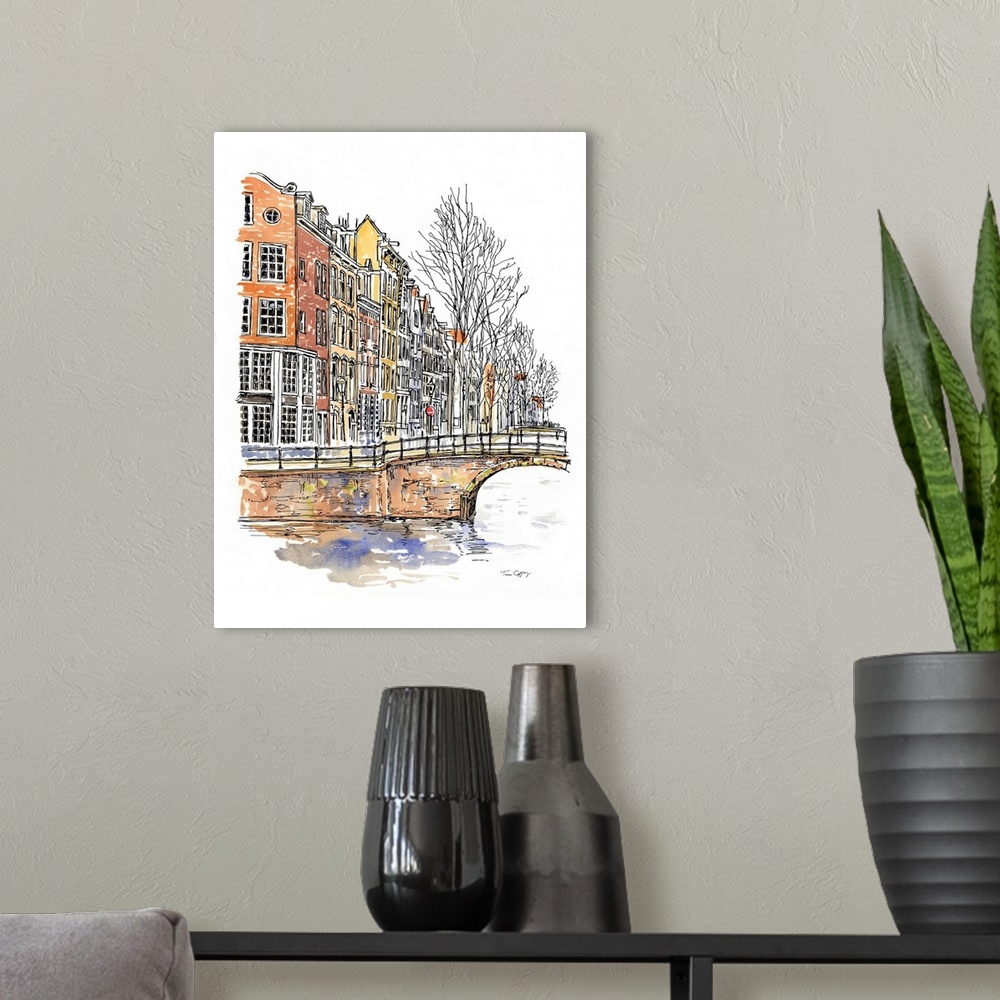 A modern room featuring A lovely pen and ink depiction of a northern European canals.
