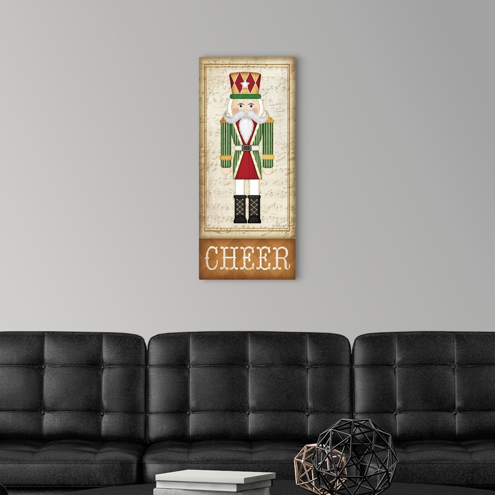 A modern room featuring Holiday themed home decor artwork of a nutcracker wearing a green striped tunic above the word Ch...