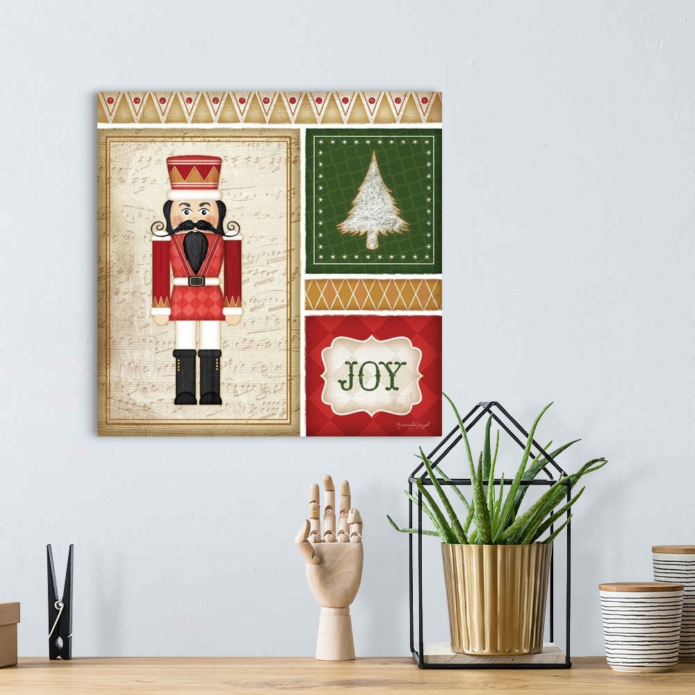 A bohemian room featuring Holiday themed home decor artwork of a nutcracker in a tiled square.
