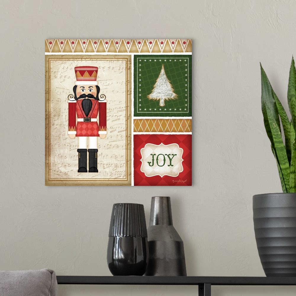 A modern room featuring Holiday themed home decor artwork of a nutcracker in a tiled square.