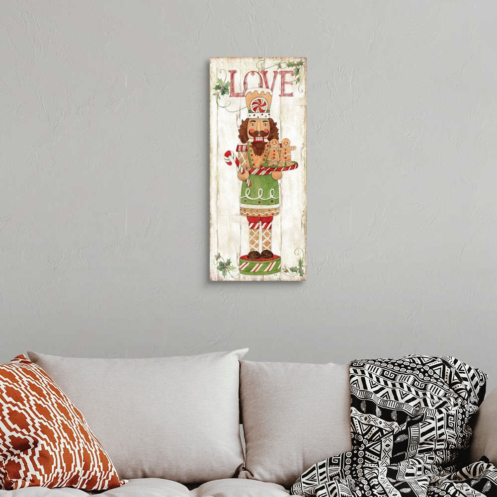 A bohemian room featuring A traditional Nutcracker figure makes a great panel accent for your holiday decor!