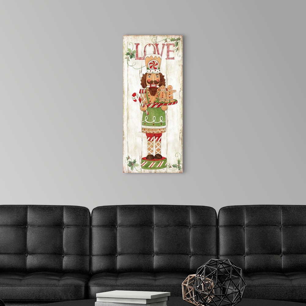 A modern room featuring A traditional Nutcracker figure makes a great panel accent for your holiday decor!