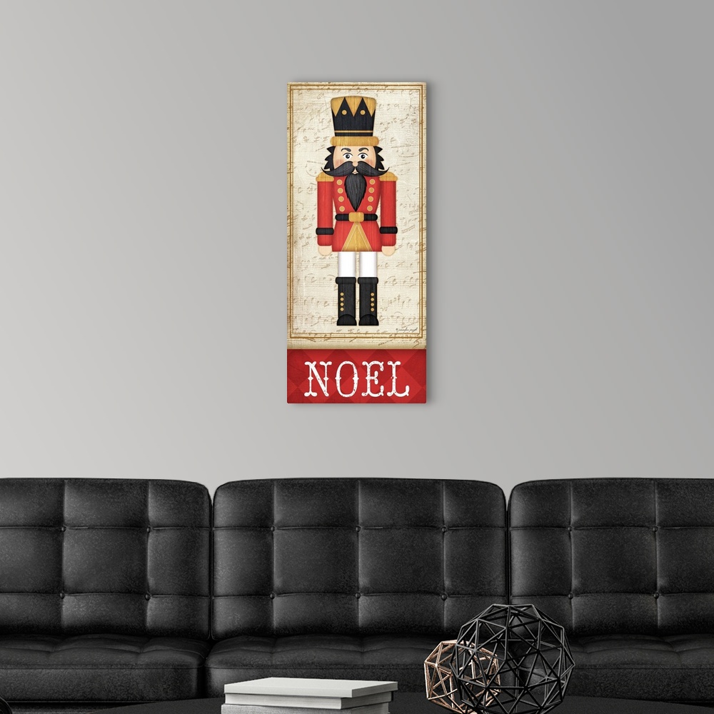 A modern room featuring Holiday themed home decor artwork of a nutcracker wearing a red tunic above the word Noel.